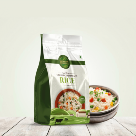 A classic stand up pouch design of rice for the brand Nutrigain Organics