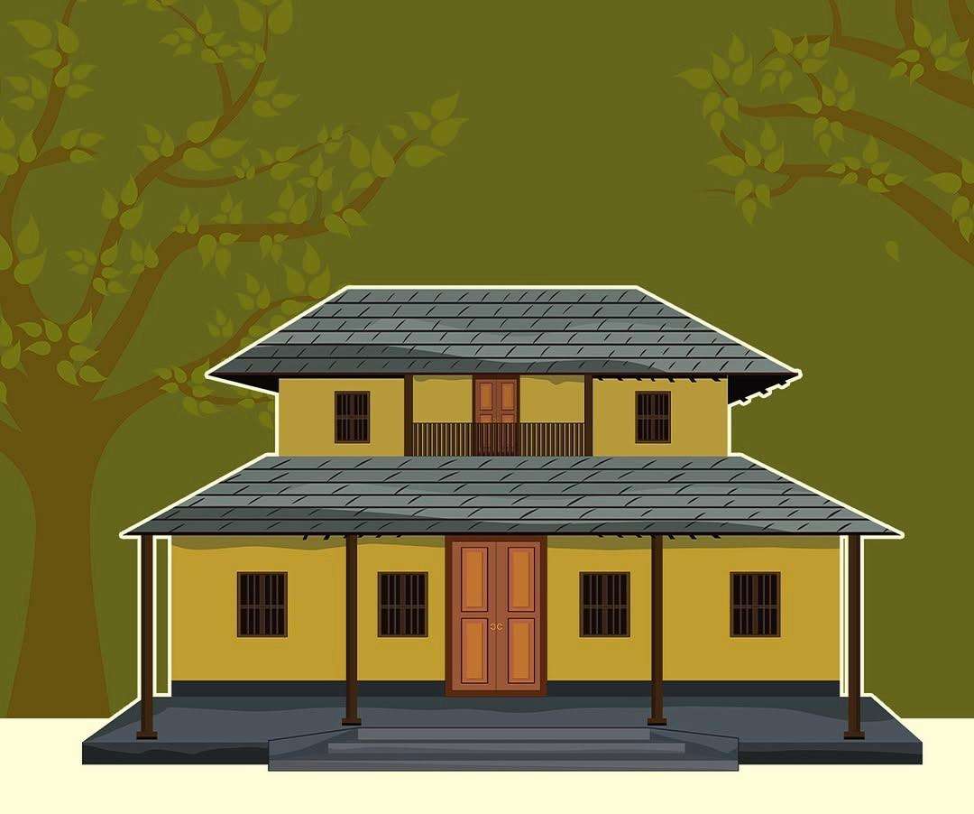 Architectural vector line drawing of a traditional Indian village house with natural tones and detailed shading.