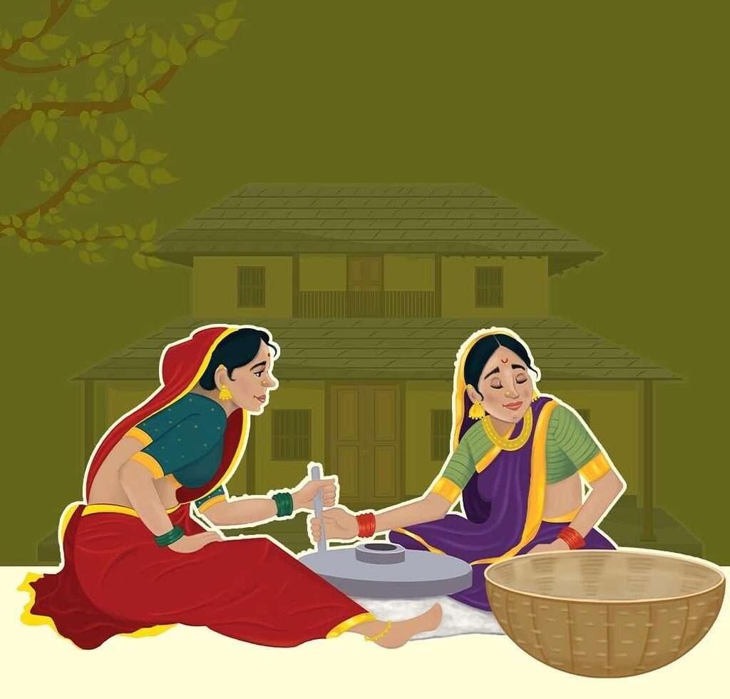 Traditional vector illustration of two rural Indian women grinding wheat using a hand mill, created by Creador Designs.