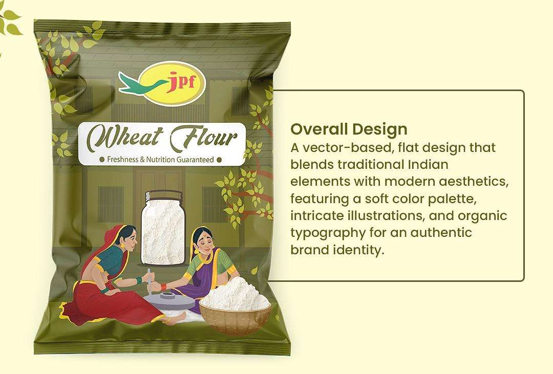 Wheat flour packaging with vector illustration of rural Indian women grinding wheat, designed by Creador Designs, combining traditional motifs with modern branding.