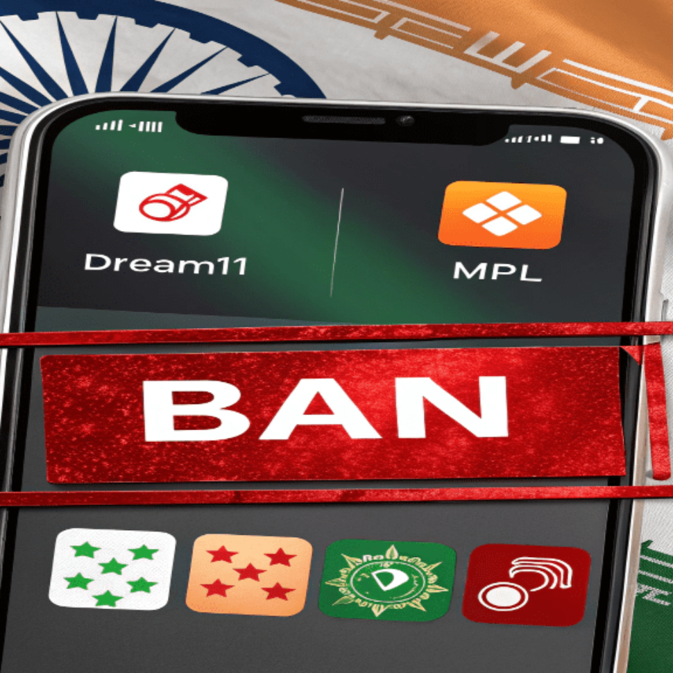 Smartphone showing Dream11, MPL, and betting apps with BAN stamp overlaid on screen, symbolizing India’s online betting app ban with Indian tricolor background.