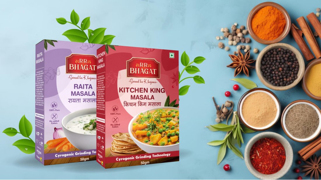 Packaging design for RR Bhagat Spices by Creador Designs, top branding agency in Pune