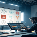 AI In logo design concept showing collaboration between human designer and AI.