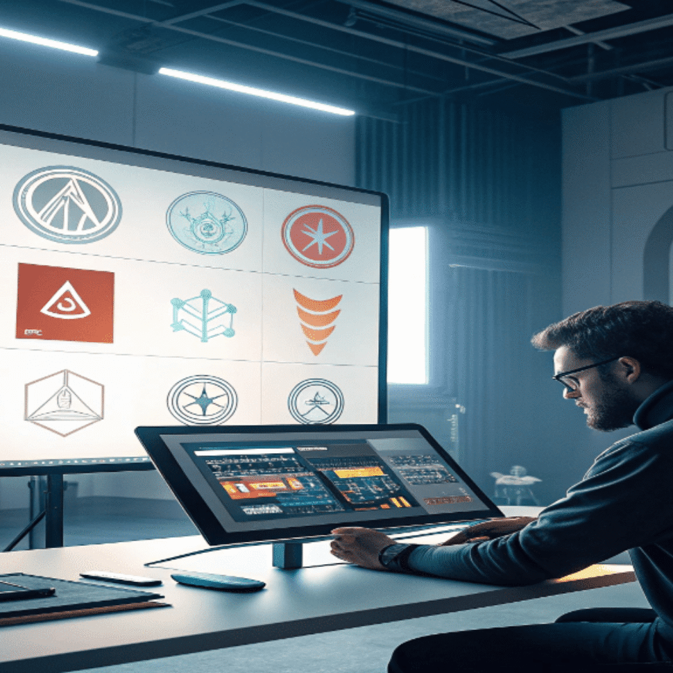 AI In logo design concept showing collaboration between human designer and AI.