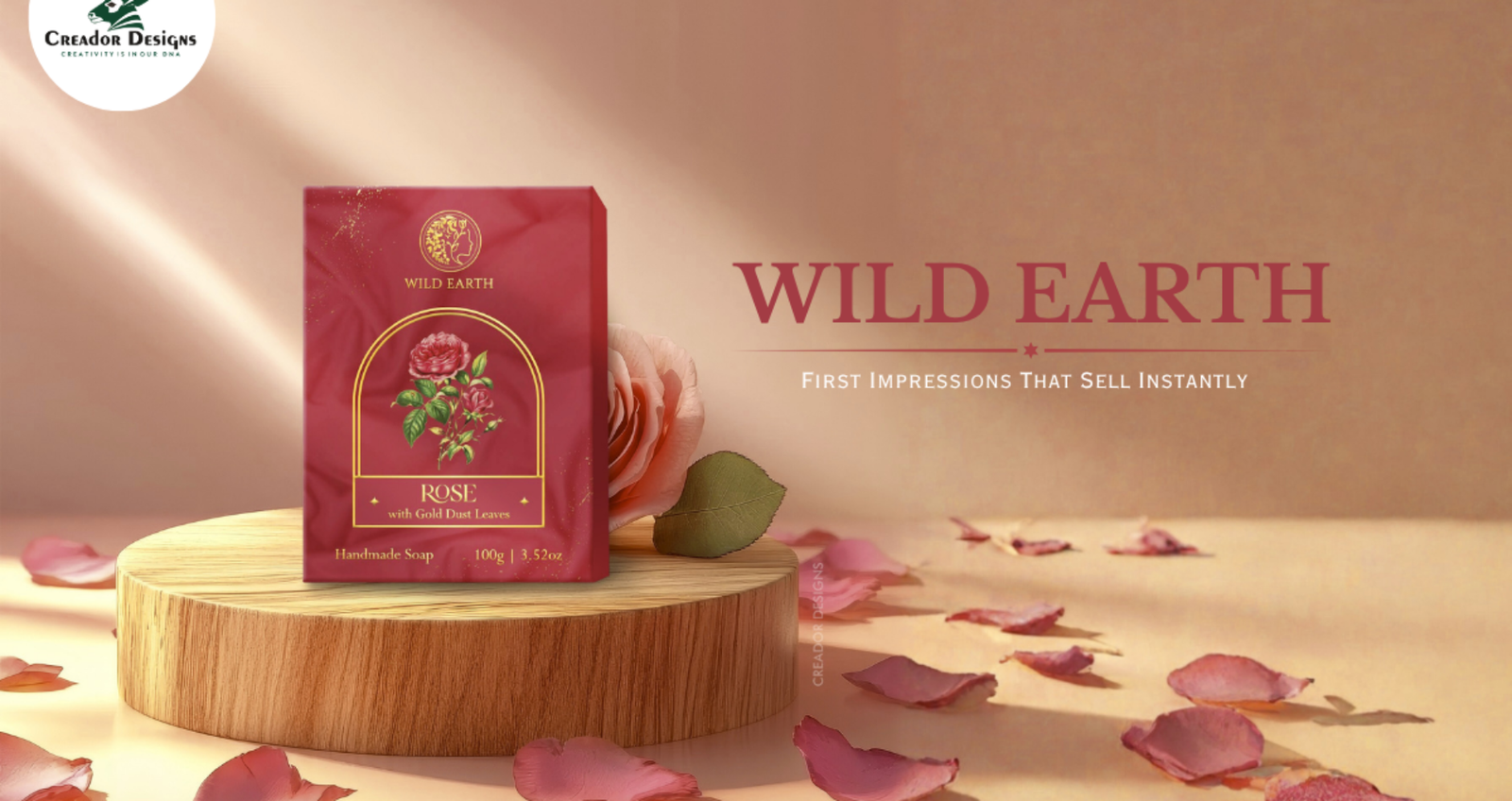 Gemini said A visually elegant and captivating product advertisement for "WILD EARTH" handmade rose soap.