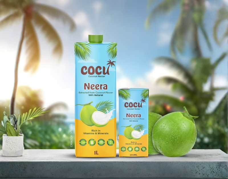 A creative flat lay pattern of Cocu Neera 1L and 200ml cartons arranged diagonally across a solid forest green background.