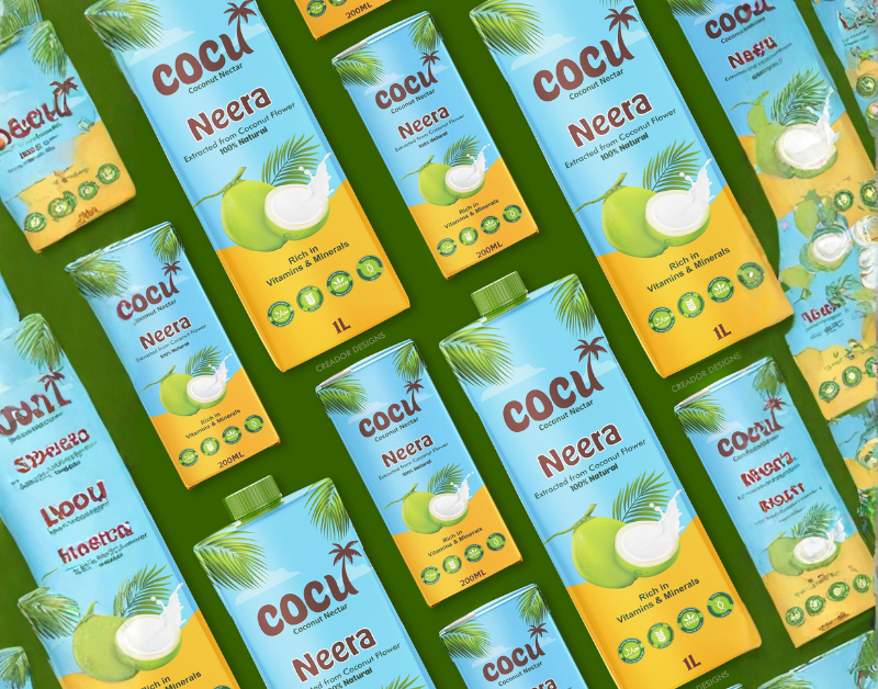 Repeated pattern of Cocu Neera coconut nectar packaging on a vibrant green surface, showing both large and small carton sizes in an organized, top-down view.